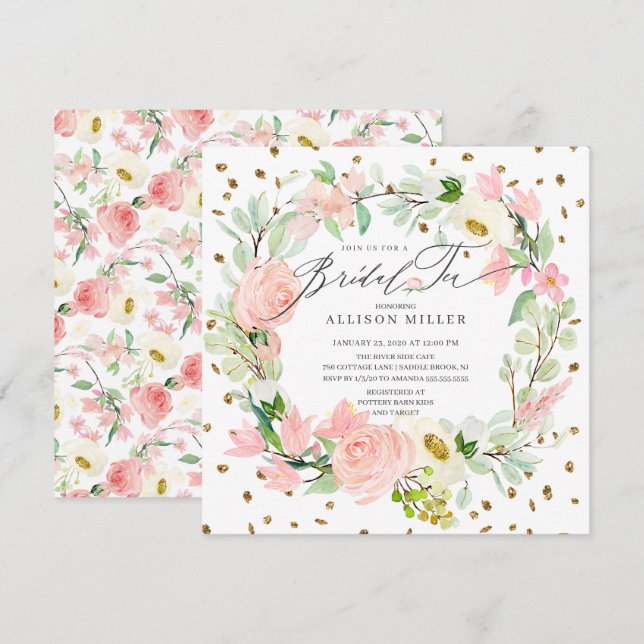 Vattenfärg Peonies Blommigt Möhippa Te Shower för  Inbjudningar (Fram/baksida)