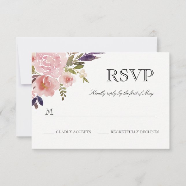 Vattenfärg Peonior Rosa Lila RSVP OSA Kort (Framsida)