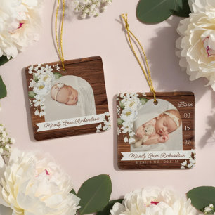 Vattenfärg Peony Trästruktur Baby Födelse Statisti Julgransprydnad Keramik
