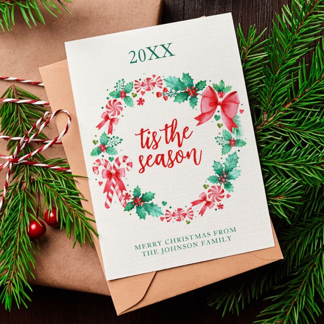 Vattenfärg Peppermint Candy cane jul - andedräkt Julkort (Watercolor Peppermint Candy Cane Christmas Wreath Holiday Card)