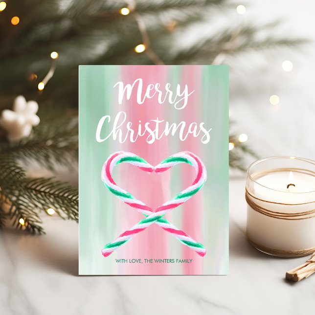 Vattenfärg Peppermint Heart Candy cane jul Julkort (Skapare uppladdad)