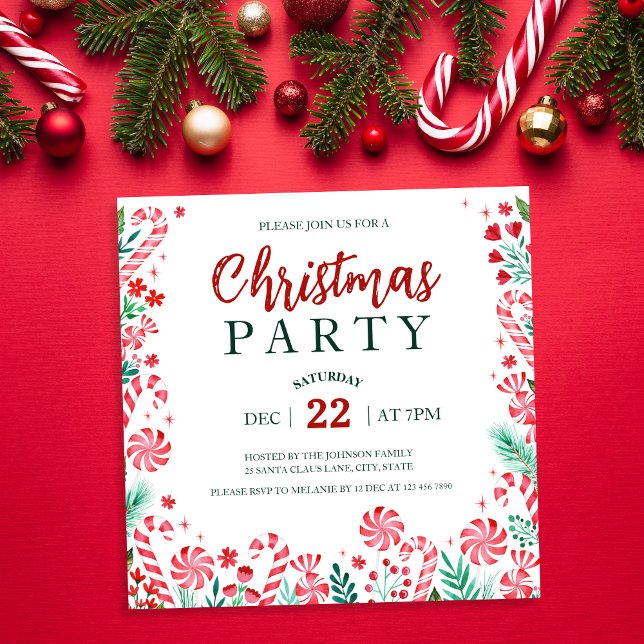 Vattenfärg Peppermint-Polkagrisar jul Party Inbjudningar (Watercolor Peppermint Candy Canes Christmas Party Invitation)