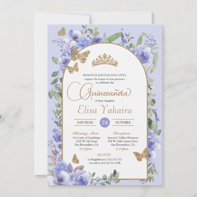 Vattenfärg Periwinkle Blue Butterfly Quinceañera Inbjudningar (Framsida)
