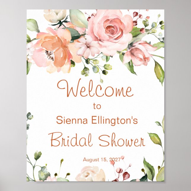 Vattenfärg persika blommande bröllopsdusch välkoms poster (Framsidan)