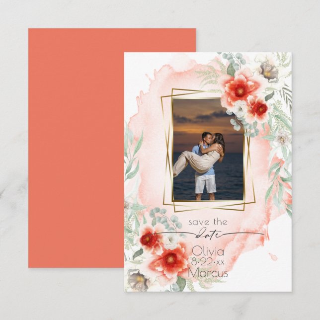 Vattenfärg Persimmon Blommigt Foto Spara datum Inbjudningar (Fram/baksida)