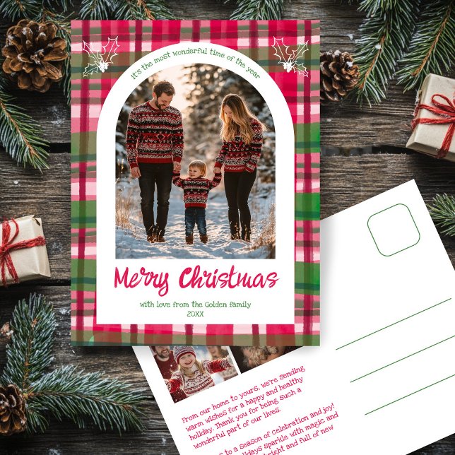 Vattenfärg Pets-Anpassningsbarna Juli Arch 3 Photo Helg Vykort (Watercolor Plaid Rustic Minimalist Christmas Arched Photo 3 Photo CUSTOM Holiday Postcard
)