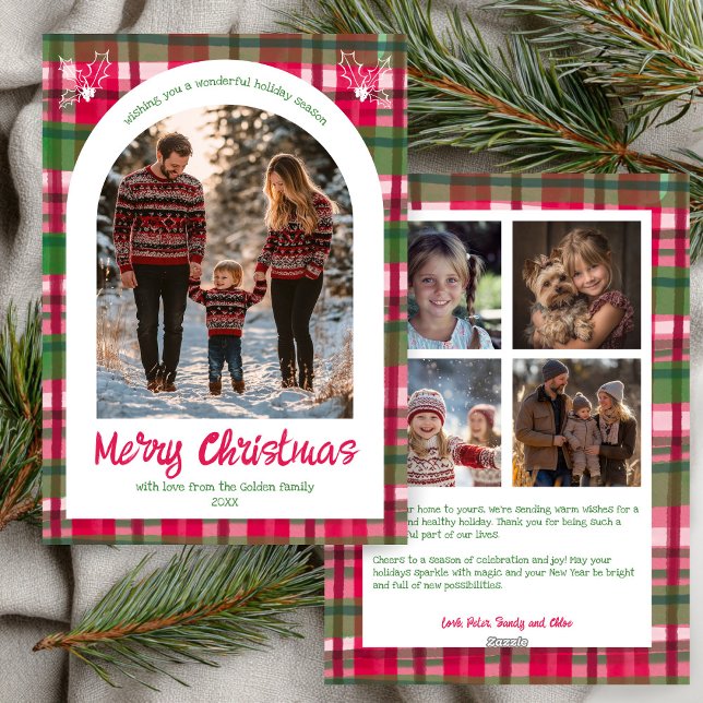 Vattenfärg Pets-Anpassningsbarna Juli Arch 5 Photo Julkort (Watercolor Plaid Christmas Custom Arch 5 Photo Holiday Card
)