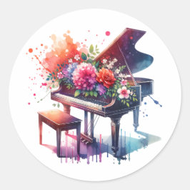 Vattenfärg Piano och Flowers Runt Klistermärke