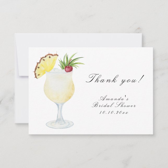 Vattenfärg Pina Colada Cocktail Bröllopsdusch Tack Kort (Framsida)