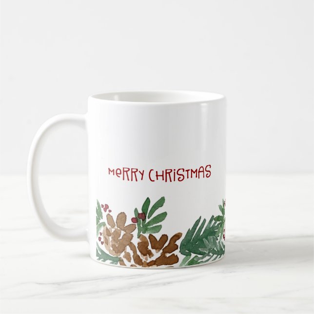 Vattenfärg Pinecones Gräns God jul Kaffemugg (Vänster)