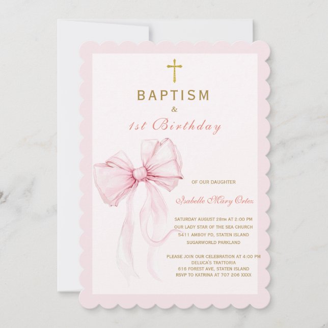 Vattenfärg Pink Bow Baptism och födelsedag Inbjudningar (Framsida)