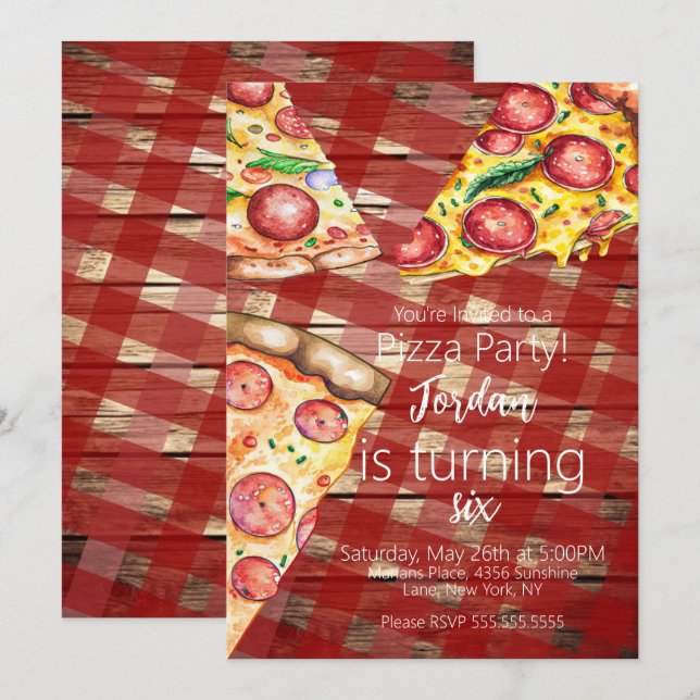 Vattenfärg Pizza Paj Bitars Födelsedagsfest Manus  Inbjudningar (Fram/baksida)