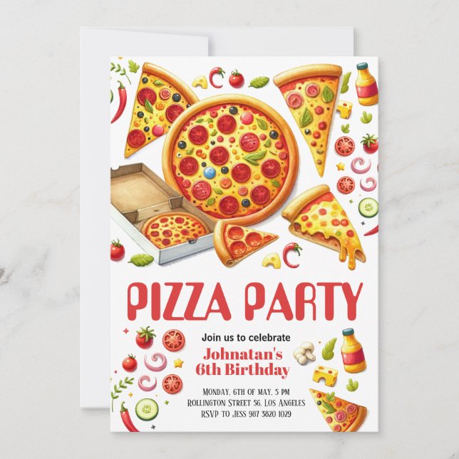 Vattenfärg Pizza Party Barns födelsedag Party Inbjudningar (Framsida)