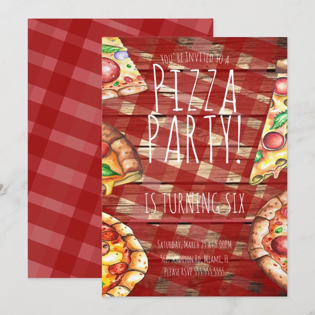 Vattenfärg Pizza Plaid Födelsedagsfest Restaurang  Inbjudningar (Fram/baksida)