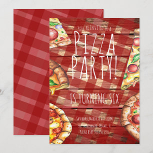 Vattenfärg Pizza Plaid Födelsedagsfest Restaurang  Inbjudningar