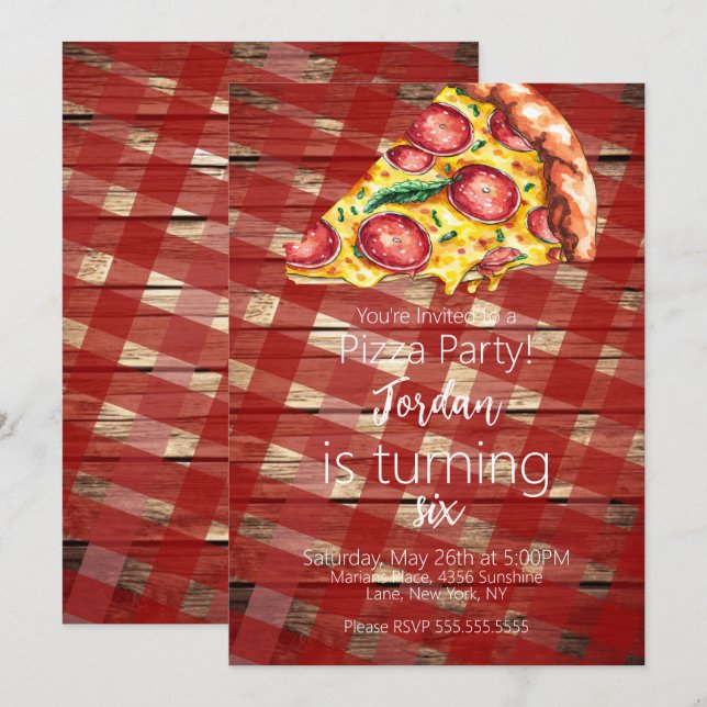 Vattenfärg Pizzabitar Födelsedagsfest manus B Inbjudningar (Fram/baksida)