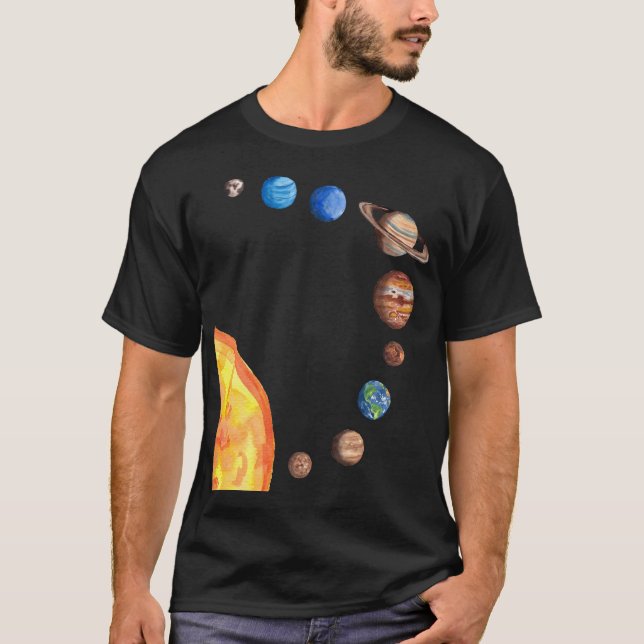 Vattenfärg Planeter Sol Jord Mars Jupiter Saturnus T Shirt (Framsida)