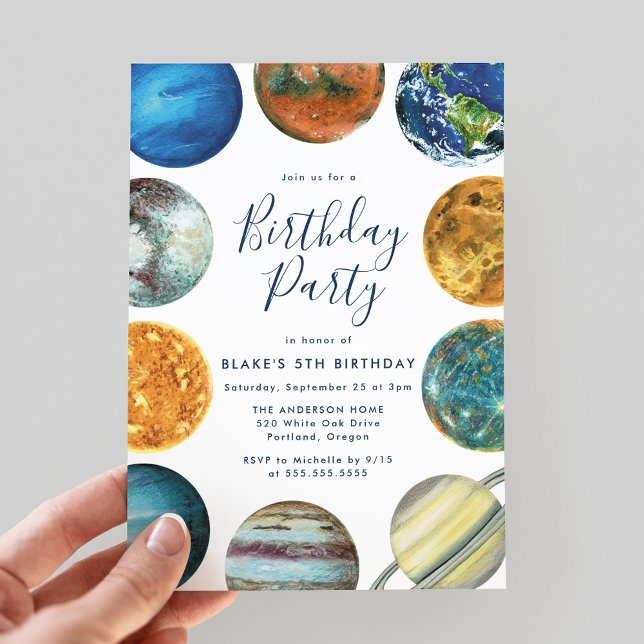 Vattenfärg Planeter Solsystem Födelsedagsfest Inbjudningar (Skapare uppladdad)