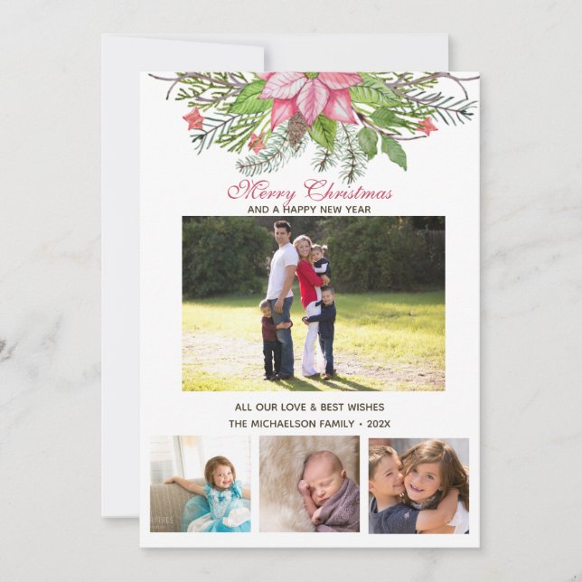 Vattenfärg Poinsettia 4 Collage Multi-Photo Kort (Framsida)