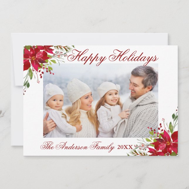 Vattenfärg Poinsettia Blommig God Jul Foto Julkort (Framsida)