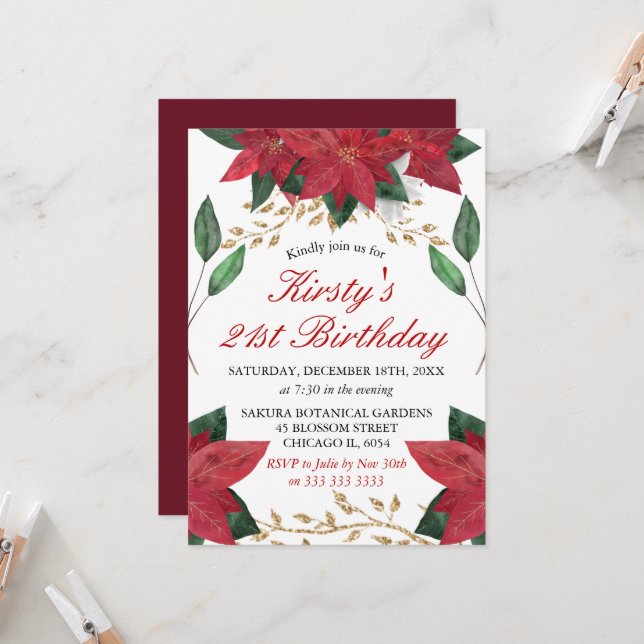 Vattenfärg Poinsettia Blommigt Juldagen Inbjudningar (Fram/Back In Situ)