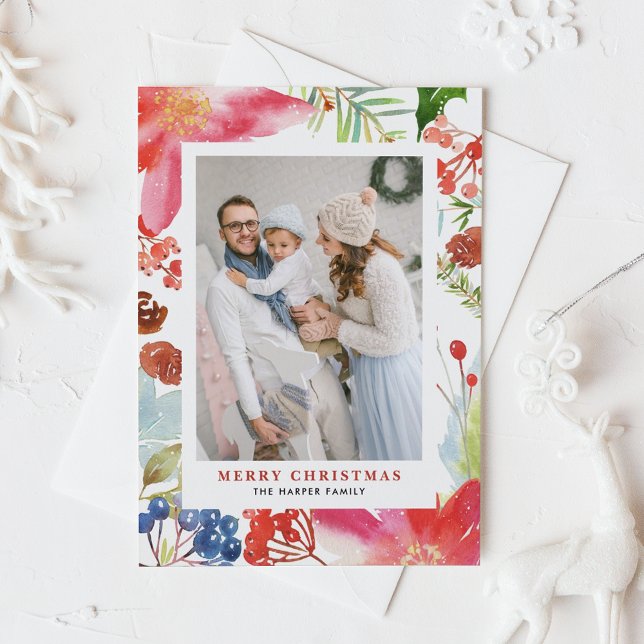 Vattenfärg Poinsettia Blommigt Ram Photo jul Helg Vykort (Skapare uppladdad)