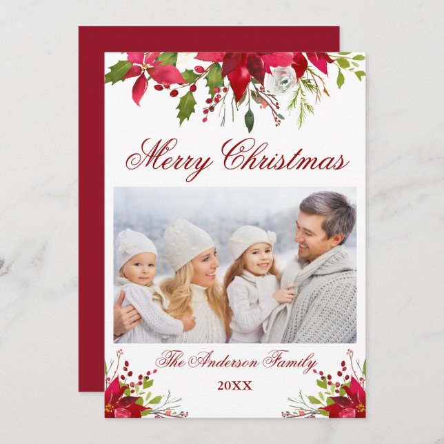 Vattenfärg Poinsettia-Blommigten Fotojulkort Inbjudningar (Fram/baksida)