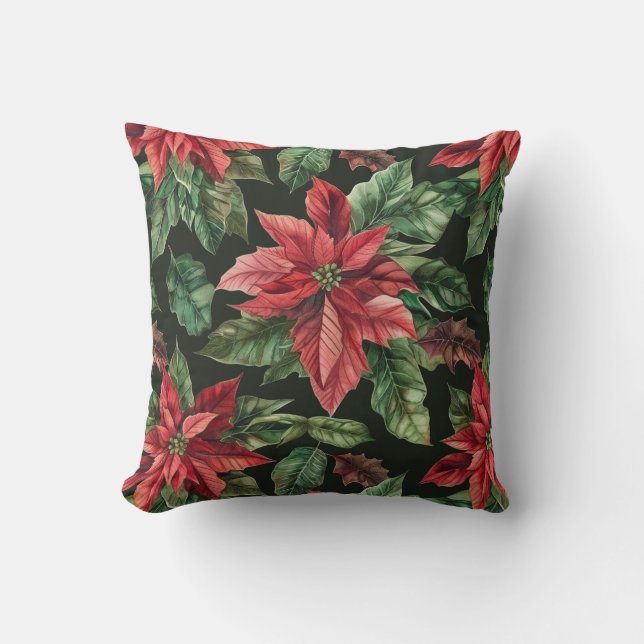 Vattenfärg Poinsettia Blommjuljul Kudde (Framsida)