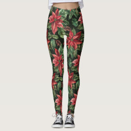 Vattenfärg Poinsettia Blommjuljul Leggings