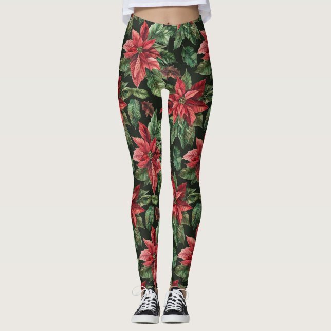 Vattenfärg Poinsettia Blommjuljul Leggings (Framsida)