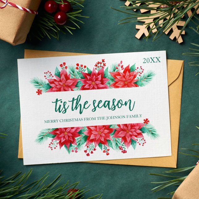 Vattenfärg Poinsettia Botaniska Blommigten Jul Julkort (Watercolor Poinsettia Botanical Floral Christmas Holiday Card)