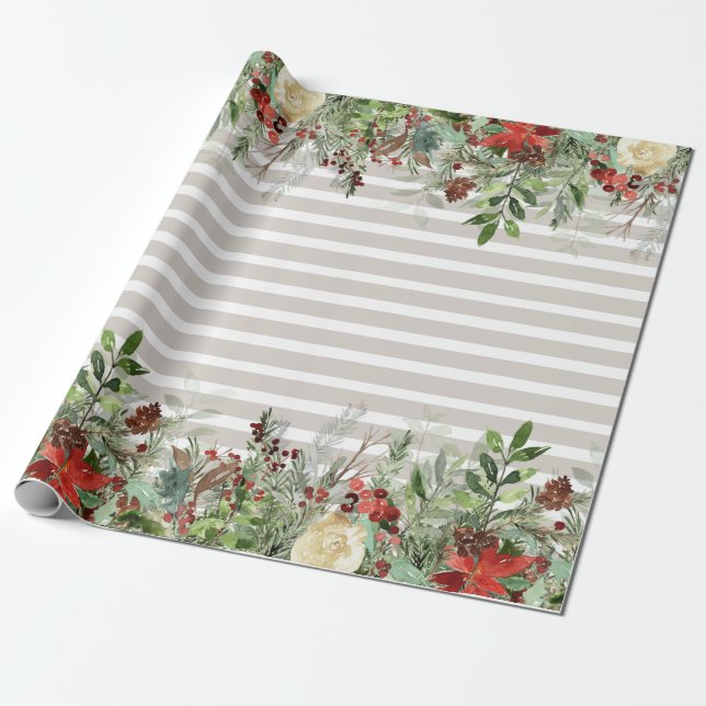 Vattenfärg Poinsettia Gräs Waterfall Stripe Presentpapper (Utrullad)