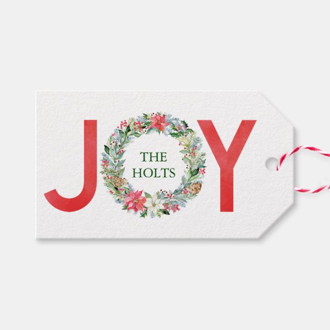 Vattenfärg Poinsettia jul God fry Joy Presentetikett (Framsidan (Horizontal))