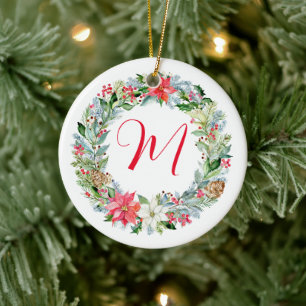 Vattenfärg Poinsettia jul - utandning Monogram Julgransprydnad Keramik