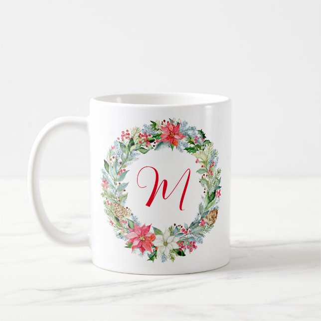 Vattenfärg Poinsettia jul - utandning Monogram Kaffemugg (Vänster)