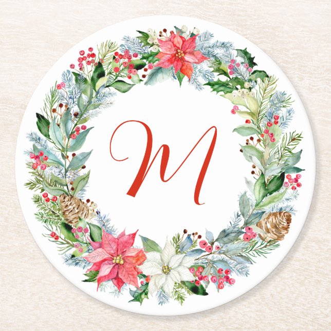 Vattenfärg Poinsettia jul - utandning Monogram Underlägg Papper Rund (Framsidan)