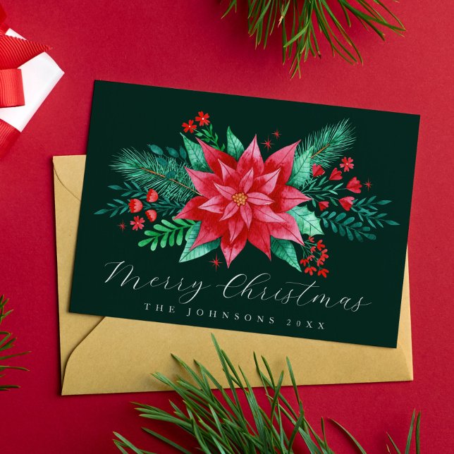 Vattenfärg Poinsettia Traditionell jul-Blommigt Julkort (Watercolor Poinsettia Traditional Christmas Flower Holiday Card)