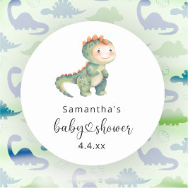 Vattenfärg pojke dinosaurie baby shower runt klistermärke