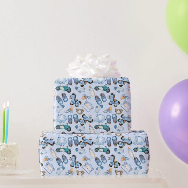 Vattenfärg Pojke Mönster med Leksak Clothes Blue Presentpapper (Festgåvor)