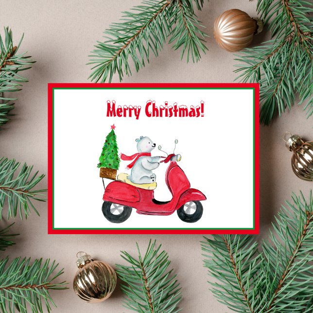 Vattenfärg Polar Björn Jul Scooter Helgkort (A Polar Bear Christmas greeting.)