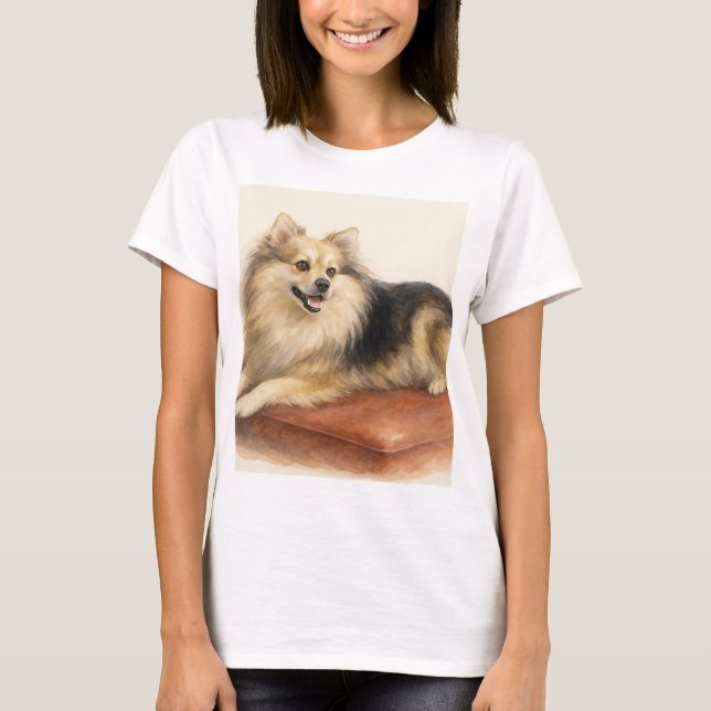 Vattenfärg Pomchi Hund Porträtt T-shirt (Framsida)