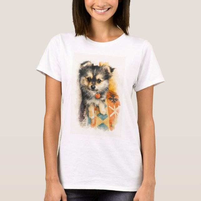 Vattenfärg Pomchi Valp T-Shirt (Framsida)