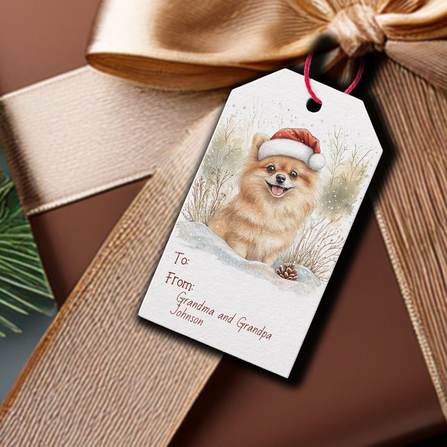 Vattenfärg Pommern i jultomten Presentetikett (Watercolor Pomeranian in Santa Hat Christmas Gift Tags)
