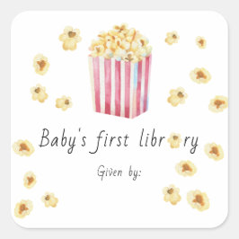 Vattenfärg Popcorn Baby den första bibliotek Fyrkantigt Klistermärke
