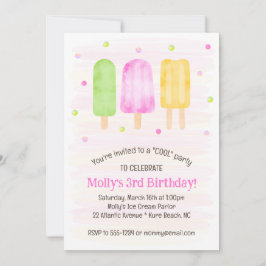 Vattenfärg Popsicles Cute Rosa Girl 3 Bird Day Inbjudningar
