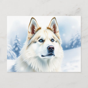 Vattenfärg Porträtt i Siberian husky i Snowy Vykort