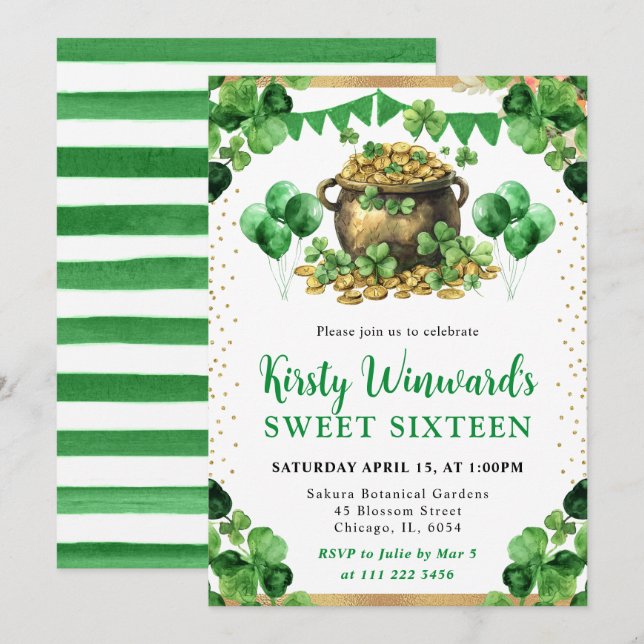 Vattenfärg Pot av Guld St Patrick's Sweet 16 Inbjudningar (Fram/baksida)