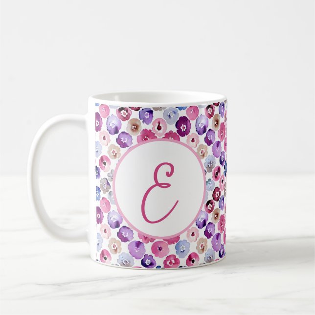 Vattenfärg prickar blommor mönster monogram kaffemugg (Vänster)