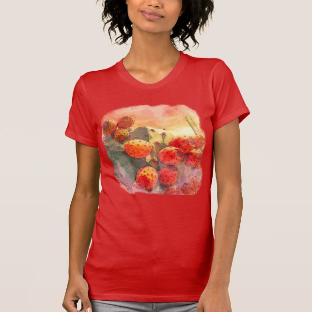 Vattenfärg Prickly Pear Cactus Fruits Red Himmel T Shirt (Framsida)