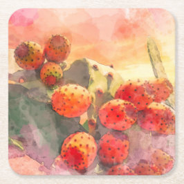 Vattenfärg Prickly Pear Cactus Fruits Red Himmel Underlägg Papper Kvadrat